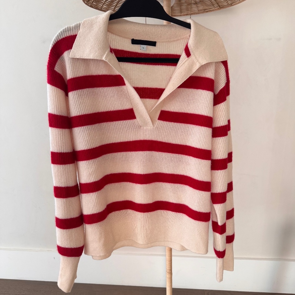 WYETH CASHMERE RED & WHITE STRIPED RUGBY SWEATER